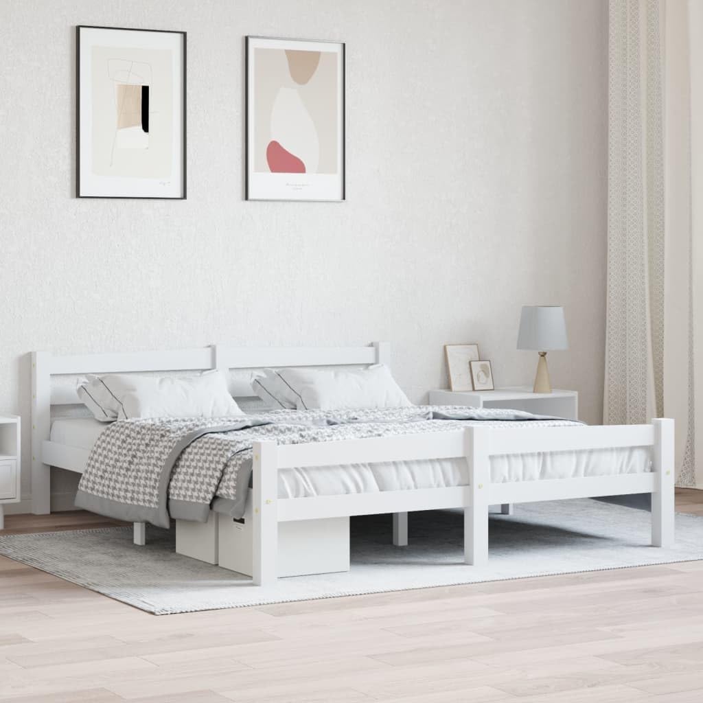 White Solid Pinewood Bed Frame, 160x200 cm Queen Size Platform Bed Base, Sturdy Wooden Slats Support, Modern Design for Bedroom, No Mattress Included