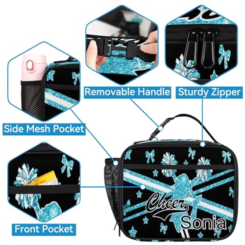 Cheerleaders Customized Name Backpack with Lunch Box, Waterproof Personalized Cheer Backpacks Lunch Bag, Teal Glitter3