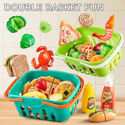 85-teiliges Spielzeug-Lebensmittelset, zum Schneiden von Spielzeug-Lebensmitteln mit 2 Körben, Spielküchen-Zubehör mit Pizza, Gemüse, Obst und Dessert, Geschenk für Jungen und Mädchen. – Bild 6