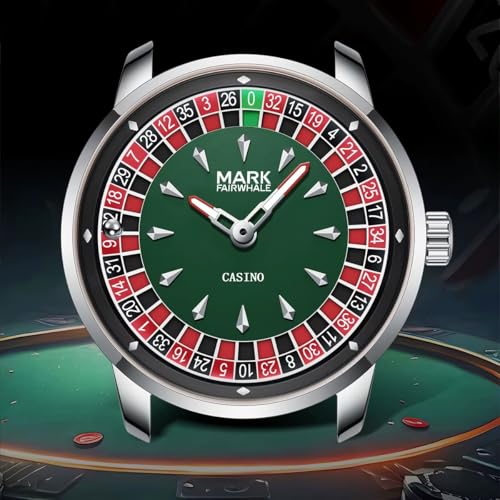 Image of MARK FAIRWHALE Casino Roulette Dial Men's Watch, Stainless Steel Band, Silver Green, 43mm, Quartz Movement, Water Resistant 3 Bar, Luminous Hands