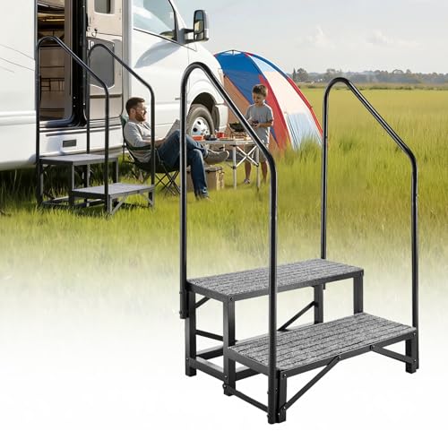 VEVOR Escalera para Autocaravana de 2 Peldaños Carga de 299,38 kg, Escalera con Pasamanos Doble con Alfombrilla Antideslizante, para Personas Mayores y Mascotas, Portátil para Jacuzzi, Caravana