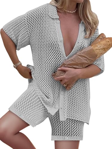 Famulily 2 Piece Shorts Set for Women Sexy Hollow Out Swimsuit Cover Up Button Down Shirt and Wide Leg Shorts Matching Set2