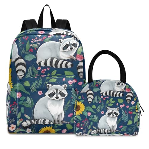 Lunchbox Backpack Waterproof Lunch Bag, School Backpack with Lunch Box, Cute Raccoons