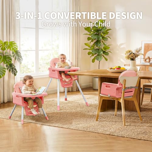Image of 3-in-1 High Chair for Babies and Toddlers, Infant to Toddler Seating&Dining | Easy Clean Convertible Portable Dishwasher Tray 5-Point Harness Stable Non-Slip Feet Waterproof Seat Pad Pink