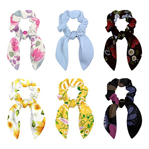 Chouchous pour cheveux anti-casse lot de 6 nœuds en tissu fleuri bleu ciel haute résistance