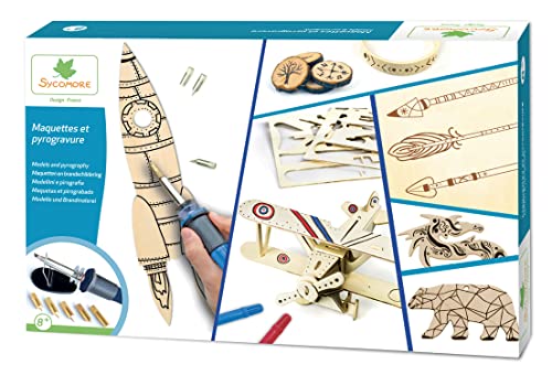 Kit de loisir créatif - Pyrogravure 5 embouts interchangeables - Maquette d'avion - Tour Eiffel - Ours - Dragon - Customisable feutres incl - Lovely Box Collector - Dès 8 ans - Sycomore - CRE5191 Cover