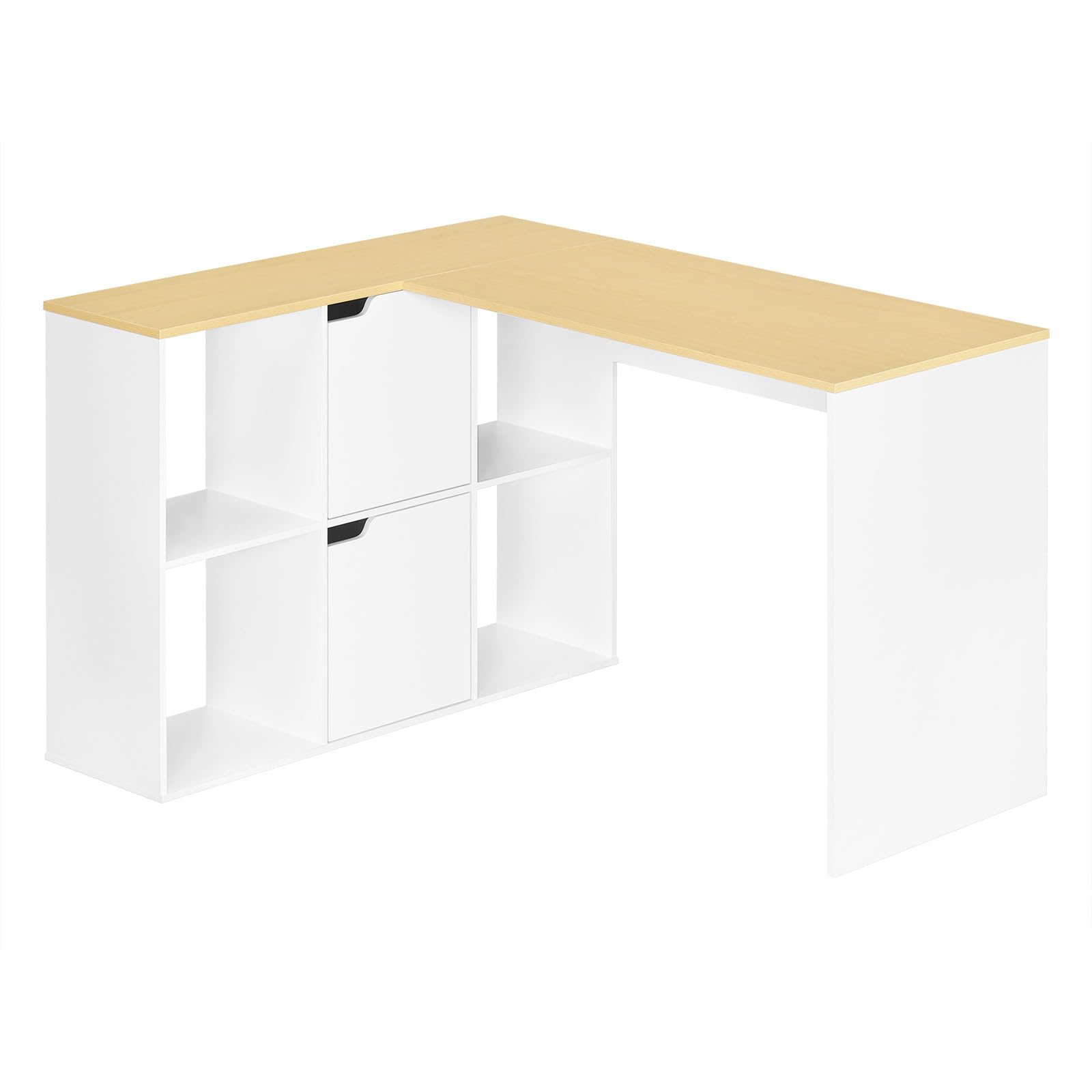 eSituro Mesa Escritorio Esquinero en L con 4 Estanteria + 2 Armarios - 120 cm Escritorio Ordenador de Oficina, Mesa Estudio con Doble Tablero para 2 Ordenadores, 118x100x75 cm, Blanco Beige