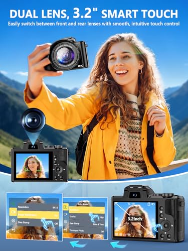 Image of 8K Digital Camera, 88MP WiFi Cameras for Photography with 3.2 inch Touchscreen, Autofocus, 16X Zoom, Anti-Shake, Dual Lens Vlogging Camera for YouTube, 2 Batteries, 64GB Card & Flash