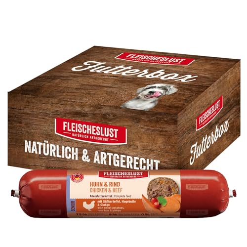 Fleischeslust Hundewurst | Senior Huhn & Rind mit Süßkartoffel, Hagebutte & Ginkgo | Futterbox (6x800g) | Nassfutter | schnittfest | getreidefrei | Alleinfuttermittel für ältere Hunde
