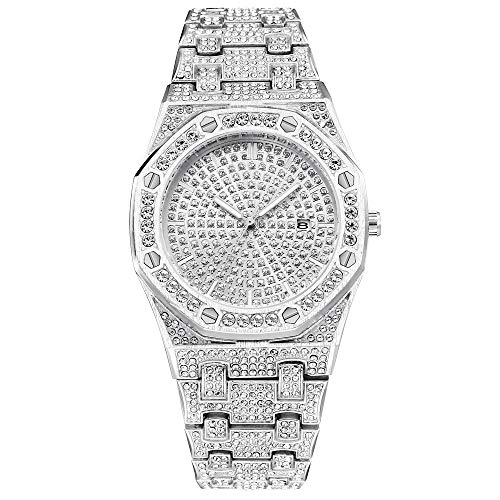 JunMei Reloj Unisex Hombre con Diamante de Diamantes y Diamantes de imitación de Hip Hop para Mujer Pulsera de Pulsera de Acero Inoxidable Reloj de Pulsera