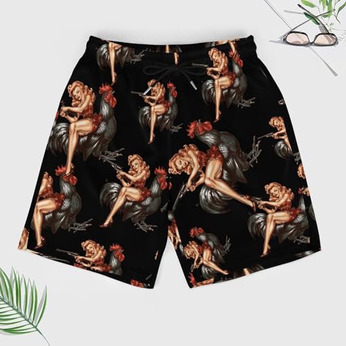 Pinup Girl Riding Chicken Rooster Gun Men's Swim Trunks Quick Dry Board Shorts Swim Shorts Swimwear with Compression Liner3