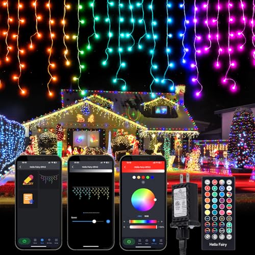 Brightown Smart Icicle Lights for Outside 33Ft 304 LED RGB Smart Christmas Lights with 58 Preset Modes App or Remote Control Music Sync Memory and Timer Function for Indoor/Outdoor Use