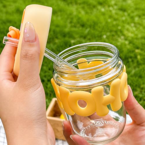 Image of Glass Tumbler with Lid & Straw - 350ml, Set of 1, Leakproof Drinking Cup, Silicone Sleeve, Reusable Iced Coffee Cup for Water, Juice, Milk, Bubble Tea & Gifts (Random Color)