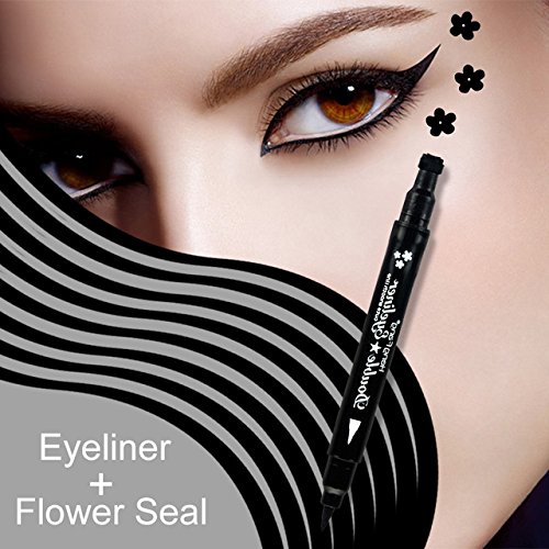 1PC Super Double-headed Black Liquid Eyeliner Pencil Pen Waterproof Star Heart Moon Flower Shape Seal Stamp Tattoo Eyes Liner Makeup (Flower Seal)