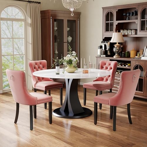 Image of 5-Piece Dining Table Set with 47In Faux Marble Table and 4 Velvet Upholstered Chairs, Modern Scandinavian Furniture for Dining Room Kitchen(Pink)