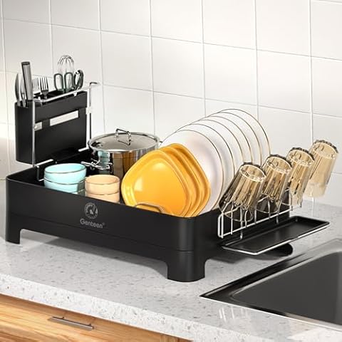 Genteen Dish Drying Rack, Dish Rack with Drainboard and Rotatable Spout, Stainless Steel Dish Drainers for Kitchen Counter with Utensil Holder and Glass Holder Cover