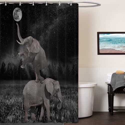 Image of Boziqr Funny Shower Curtains for Bathroom, Cute Elephant Moon Forest Bath Curtain, Rustic Farmhouse Decor Polyester Fabric Fun Cool Animals Black 36 x 70 Inches