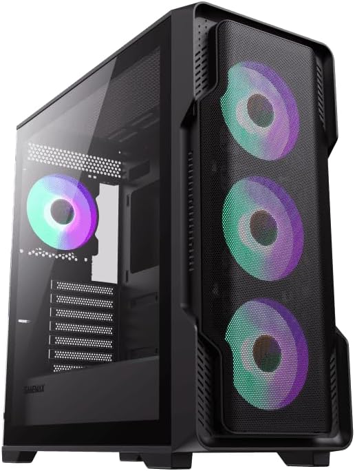 GAMEMAX Siege E-ATX Mid-Tower Gaming Case, angled view showing front mesh and side tempered glass panel with internal components and ARGB fans illuminated.
