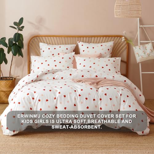 Image of Heart Duvet Cover Set Queen Size,White Pink Red Heart Pattern Bedding Duvet Cover Girls with Zipper Closure,Breathable Microfiber Comforter Cover 90 inchx90 inch and 2 Pillowcases 20 inchx30 inch