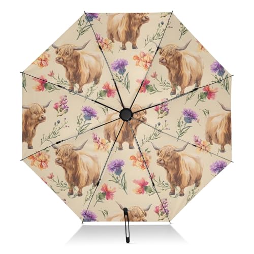 ALAZA Folding Umbrella Highland Cow Flowers...