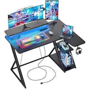 BEXEVUE L Shaped Gaming Desk with LED and Power Outlet, 100x70 cm RGB Computer Desk with Carbon Fiber Desktop Gaming PC Desk with Head Phone Hook for E-sport Gamer Table, Home Office desk, Black