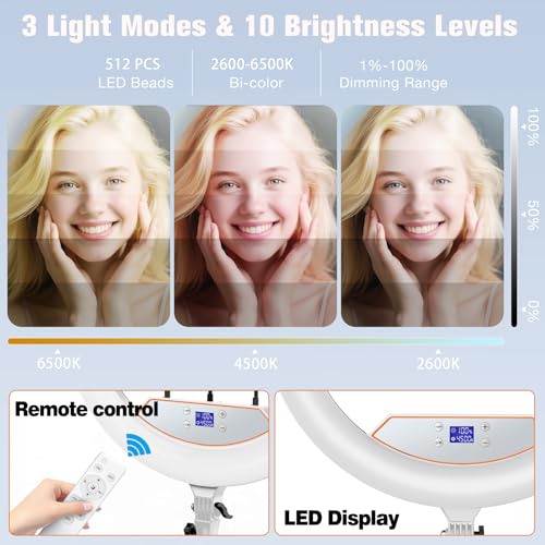 Image of 22 inchRing Light with Stand,Ring Light Tripod for iPhone ipad,with 75 inchTripod /LCD Display /4 ipad iPhone Clips /2 USB Ports,2600K-6500K Color Temperature,for Barber Makeup Tattoo TikTok Video Recording Vlog