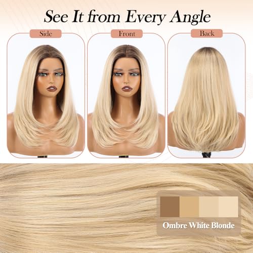 Image of EMMOR Human Hair Wig for Women 13x5x1 Inch HD Lace Front Wig 18 Inch Layered Glueless Wigs Pre-Plucked Hairline Human Hair Blend Premium Synthetic Fiber for Everyday Wear(Ombre White Blonde)