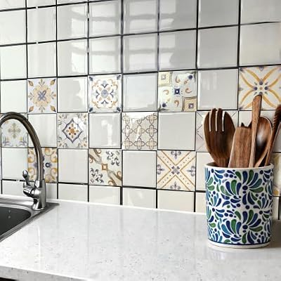 MurArtis 24 Sheets Peel and Stick Tile Stickers for Kitchen Backsplash, 4x4 Inches Waterproof Vinyl Wall Tile Decals, Removable Self Adhesive Tile Covers for Bathroom, Stair Risers, Home Décor