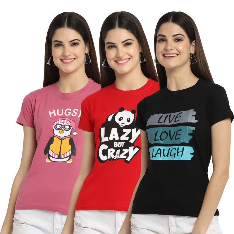 women's cotton regular fit latest graphic stylish printed short sleeves casual t-shirt || trend styles & style (pack 3)