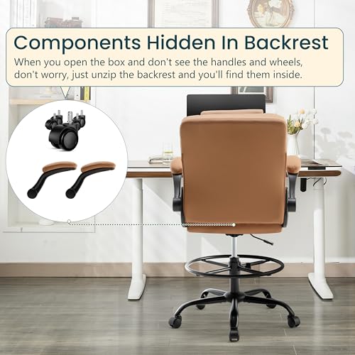 Image of Drafting Chair 500Lbs, Tall Office Chair for Standing Desk, High PU Leather Executive Office Chair with Flip-up Armrests, Ergonomic High Chair with Adjustable Foot Ring, Comfy Stool Chairs, Brown