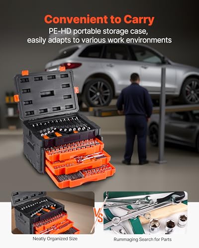 VEVOR Mechanics Tool Set and Socket Set, 450 Pcs, 1/4, 3/8 and 1/2 inch Drive Deep and Standard Sockets, SAE Metric Mechanic Tool Kit with Bits, Wrenches, Accessories, Storage Case with Orange Drawer thumbnail 5