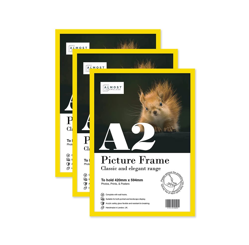 Almost Frameless A2 Yellow Picture Frame Set of 3, Display A2 Picture Gallery Wall, Poster, Photo, Artwork, or Print, Yellow