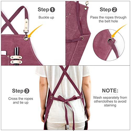Hongsome Cotton Canvas Cross Back Apron For Gardening Garden Chef Bartender Work Women Men 3 Pockets Waterproof Adjustable M-Xxl Purple thumb #3