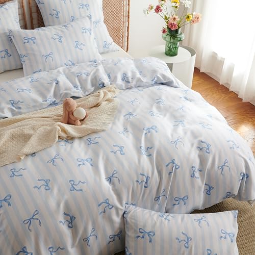 Image of Bow Duvet Cover King Size Blue Striped Bowknot Bedding Set Kids Girls Cute Bows Vertical Stripes Soft Breathable Microfiber Comforter Cover Set with Zipper Closure and 2 Pillowcases