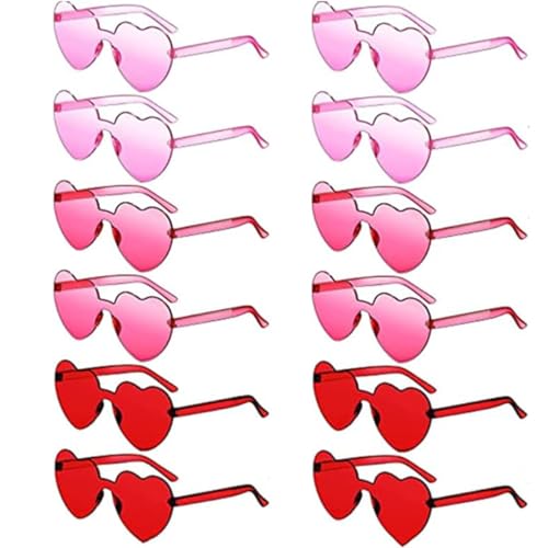 FANXIYA 12 pares de óculos de coração, óculos de festa coloridos sem moldura, óculos de sol em forma de coração para carnaval, aniversários, mala, crianças e adultos., Conjunto de tons vermelhos