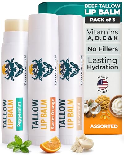 Tallowbourn Moisturizing Tallow Lip Balm Grass-Fed Beef Tallow with Organic Coconut Oil Beeswax and Vitamin E Lip Balm Set Variety Pack Travel Essential 3-Pack