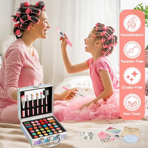 Anpro-All-In-One-Makeup-Carry-Case-with-Pro-Teen-Makeup-Set-Full-Starter-Cosmetics-Kit-with-Makeup-Brushes-Eye-Shadows-Palette-Blushes-Glitter-Gel-Temporary-Tattoo-Stickers-Blue