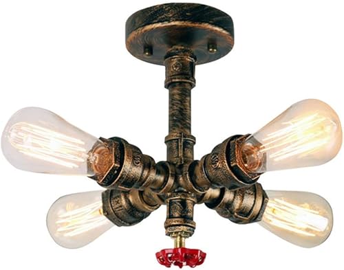Miniatura 5 de Lámpara de techo industrial retro rústica estilo steampunk, lámpara de tubo de agua, lámpara colgante de 4 luces, vintage, cerca de techo, para