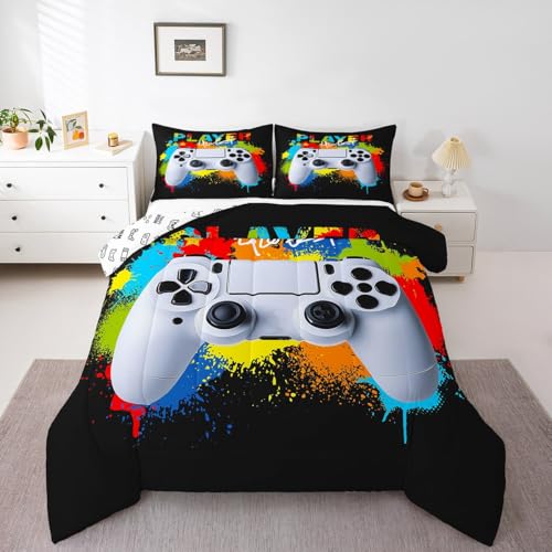 Image of Gamer Comforter Sets for Boys Kids Gaming Comforter King Size Teens Girls Colorful Rainbow Tie Dye Decor Video Games Controller Bedding Set Young Men Player Reversible Quilt for All Season 3Pcs Boys