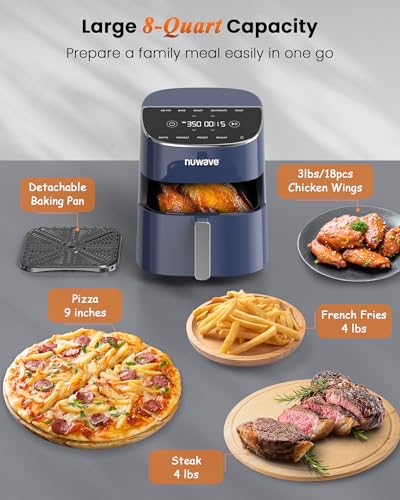 Nuwave Brio Plus Air Fryer 8 Qt, New & Improved, PFAS-FREE, 7 Digital One-Touch Cook Functions that AIR FRY, BAKE, ROAST, DEHYDRATE, TOAST, REHEAT, PREHEAT, 150 Presets, 50°F~400°F (Deep Blue)