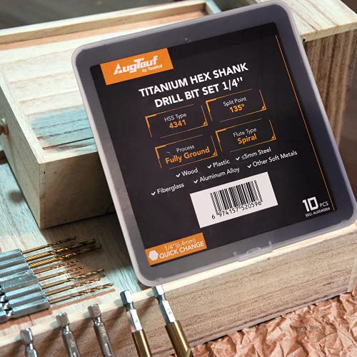 Augtouf 1/4" Hex Shank Drill Bits (10Pcs), Premium 4341 Hss Titanium Impact Hex Drill Bits For Wood, Steel, Metal, Plastic, Quick Change Design #TOP7