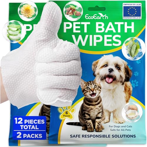 EcoEarth Toallitas de baño para Mascotas Perros y Gatos, Guantes de Aseo limpiadores y desodorizantes, toallitas Nourish Fur Glove para el Cuidado Diario y Viajes, 12 Piezas/Bolsa