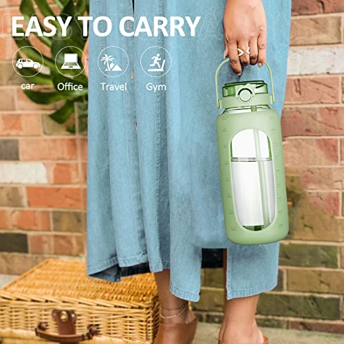Bluego 64Oz Glass Water Bottles With Straw Time Marker Half Gallon Large Motivational Bottle Silicone Sleeve 2L Big Jug For Gym, Sports, Workout, Daily Green #TOP5