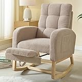 NIOIIKIT Modern Nursery Rocking Chair, Teddy Upholstered Rocking Chair with Footrest, Comfortable Rocker Chair with Side Pocket, Rocker Chair for Living Room, Bedroom, Nursing Room (Brown)