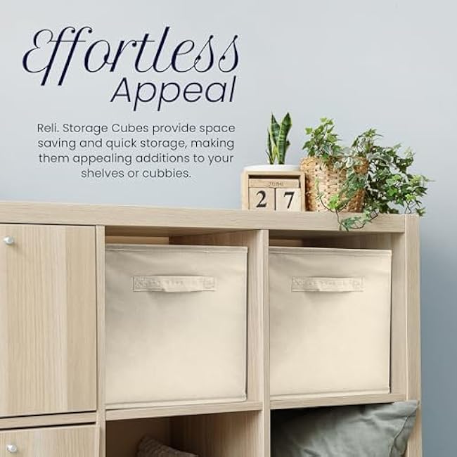 Reli. 11 Inch Cube Storage Bins (8 Pack) | Cube Organizer Bins | 11x11 Fabric Storage Boxes | Collapsible, Foldable Fabric Cubby Box (Square) | Kids Room Organization (Beige)