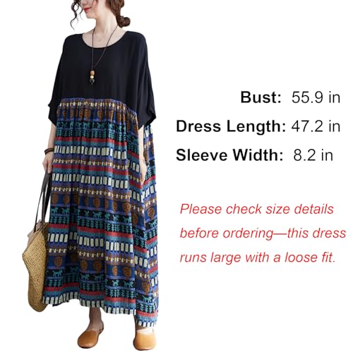 Image of Women's Oversized Dress Plus Size Summer Dress Artsy Print Pathwork | Loose, Oversized Cut Baggy Dresses. O Neck with Pockets. Breathable Viscose Fabric for Summer. Colorful Print Patchwork