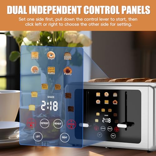 Image of WUNLY Smart Digital 4 Slice Toaster with Touch Screen, 1.5'' Extra Wide Slots for Bagel, Digital Countdown & Sound Control, 6 Bread Types & 6 Shade Settings, Defrost /Reheat /Standby, Stainless Steel