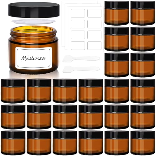 UPBUD Amber 2oz Glass Jars with Lids - 24 Pack Brown Small Cosmetic Containers with Stickers & 2 Spoons Wide-Round Smooth Mouth Sealable for Creams Lotions Body Butter Travel Samples