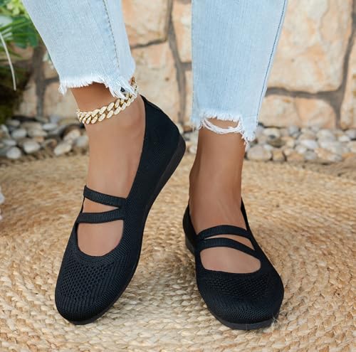 Knit Flats for Women Square Toe Ankle Strap Casual Ballet Flats Mary Jane Shoes Women Comfortable for Dressy Office