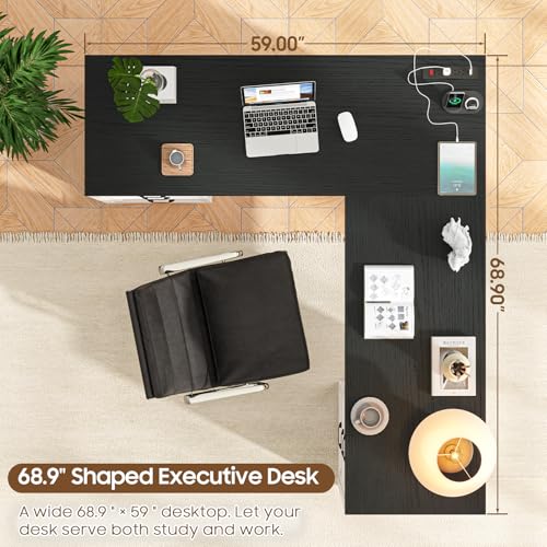 Image of Vabches Wood L Shaped Executive Desk with 6 Drawers, Farmhouse Home Office Desk with Power Outlets and Triangle Under-Desk Storage Shelf & Drawer File Cabinet, Corner Computer Desk, Black